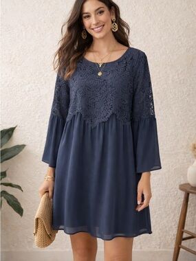 fitted lace wedding dress MissJophiel High Neck Long Sleeves Floral Print Chiffon Long Dress Other / Above Knee / US2 main image 1